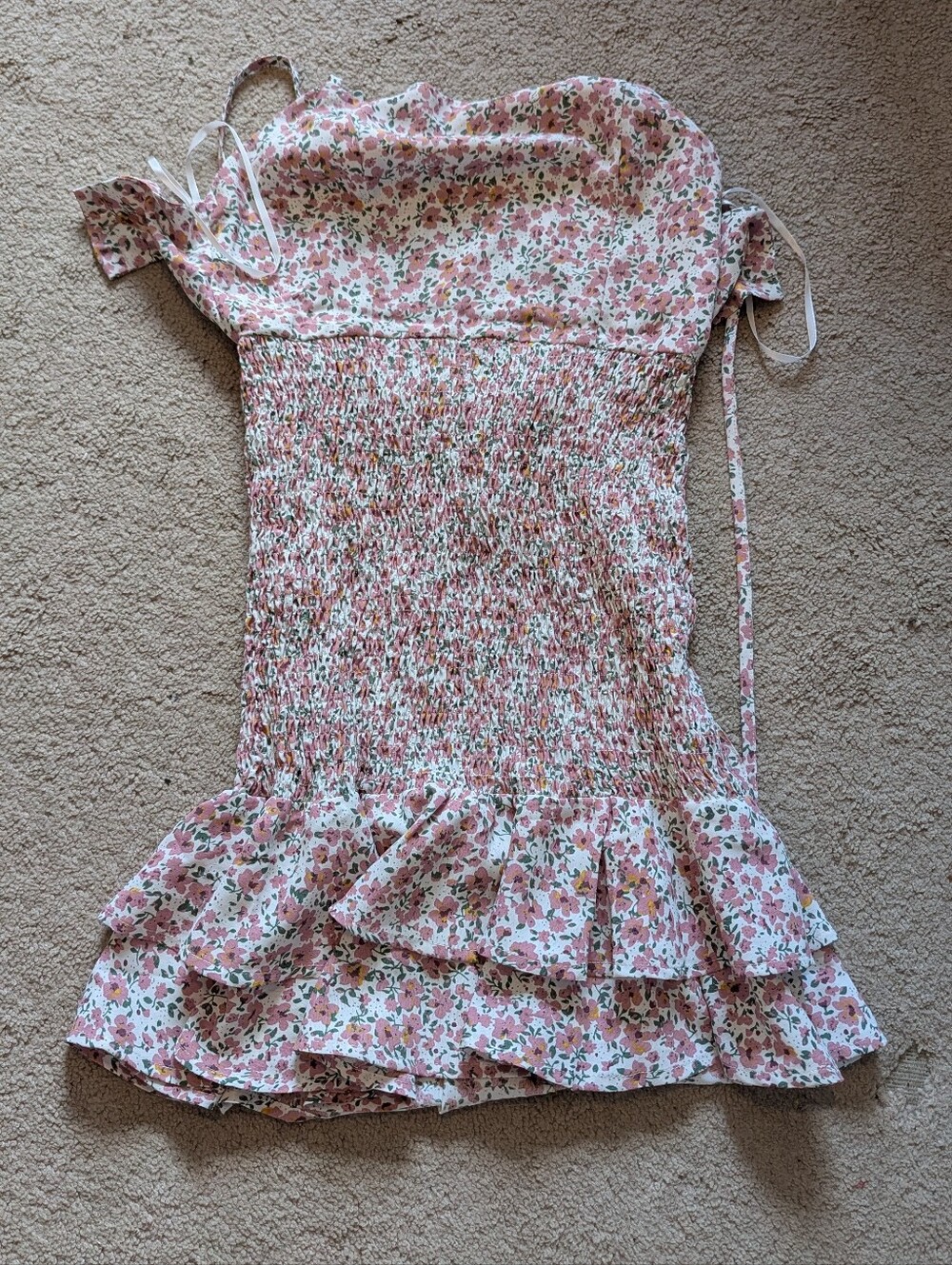 Pink Floral Smocked Ruffle Dress